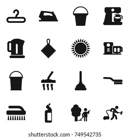 16 vector icon set : hanger, iron, bucket, coffee maker, kettle, rag, vacuum cleaner, plunger, brush, toilet cleanser, garden cleaning