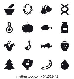 16 vector icon set : hawaiian wreath, flippers, flour, corn, goose, fish, strawberry, spruce, garden, peas, drop