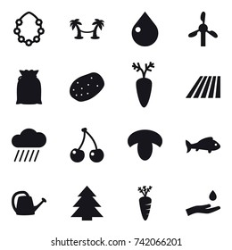 16 vector icon set : hawaiian wreath, palm hammock, drop, field, rain cloud, cherry, mushroom, fish, watering can, spruce, carrot, hand and drop