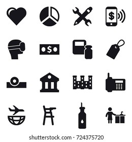 16 vector icon set : heart, diagram, pencil wrench, phone pay, virtual mask, money, scales weight, label, library, palace, Chair for babies, kitchen cleaning