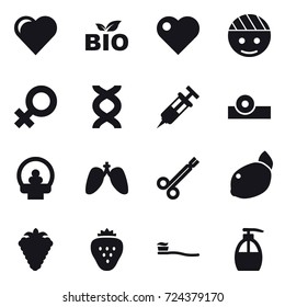 16 vector icon set : heart, bio, berry, strawberry, tooth brush, liquid soap