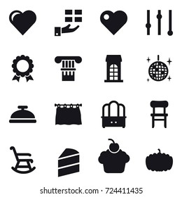 16 vector icon set : heart, gift, equalizer, medal, column, building, disco ball, service bell, curtain, dresser, chair, rocking chair, pumpkin