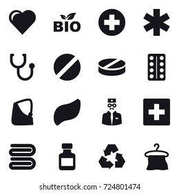 16 vector icon set : heart, bio, first aid, towel, pills bottle, recycling, hanger