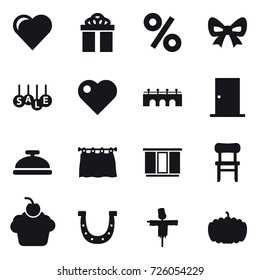 16 vector icon set : heart, gift, percent, bow, sale, bridge, door, service bell, curtain, wardrobe, chair, horseshoe, scarecrow, pumpkin
