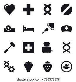 16 vector icon set : heart, first aid, toaster, berry, strawberry, ecology