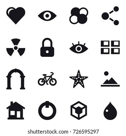16 vector icon set : heart, eye, atom core, molecule, nuclear, lock, panel house, arch, bike, starfish, landscape, home, drop