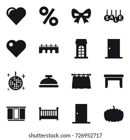 16 vector icon set : heart, percent, bow, sale, bridge, building, door, disco ball, service bell, curtain, table, wardrobe, crib, pumpkin