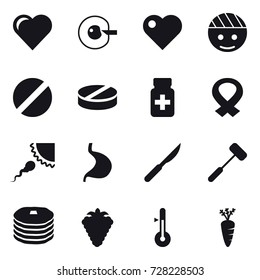 16 vector icon set : heart, cell corection, berry, thermometer, carrot