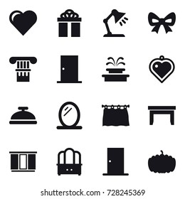 16 vector icon set : heart, gift, table lamp, bow, column, door, fountain, heart pendant, service bell, mirror, curtain, table, wardrobe, dresser, pumpkin