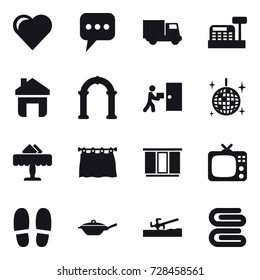 16 vector icon set : heart, message, truck, cashbox, home, arch, disco ball, restaurant, curtain, wardrobe, tv, slippers, pan, soil cutter, stack of towels