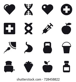 16 vector icon set : heart, dna, bucket, toaster, berry, apple, pills bottle