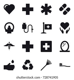 16 vector icon set : heart, first aid, mirror, hand drop, recycling, rake, tooth brush