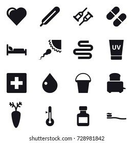 16 vector icon set : heart, uv cream, first aid, drop, bucket, thermometer, pills bottle, tooth brush