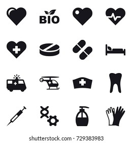 16 vector icon set : heart, bio, liquid soap, gloves