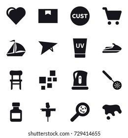 16 vector icon set : heart, sail boat, deltaplane, uv cream, jet ski, chair, kettle, skimmer, pills bottle, scarecrow, viruses, spot