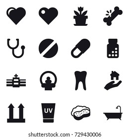 16 vector icon set : heart, flower, real estate, uv cream, sponge with foam, bath
