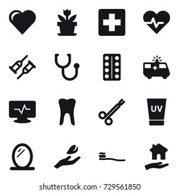 16 vector icon set : heart, flower, uv cream, mirror, hand leaf, tooth brush, housing