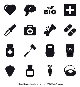 16 vector icon set : heart, brain, bio, uv cream, berry, pills bottle, carrot, soap