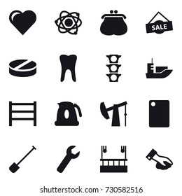 16 vector icon set : heart, atom, purse, sale, kettle, cutting board, shovel, wrench, skyscapers cleaning, wiping