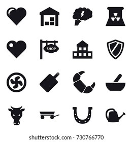 16 vector icon set : heart, warehouse, brain, nuclear power, shop signboard, cottage, shield, cooler fan, cutting board, mortar, cow, trailer, horseshoe, watering can
