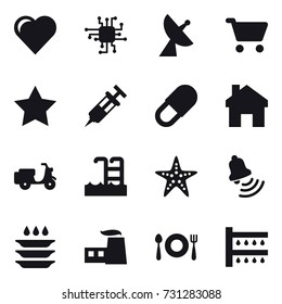 16 vector icon set : heart, chip, satellite antenna, cart, star, home, pool, starfish, bell, plate washing, watering