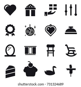 16 vector icon set : heart, gift, equalizer, medal, disco ball, heart pendant, service bell, mirror, wardrobe, chair, rocking chair, goose, scarecrow
