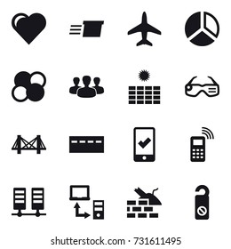 16 vector icon set : heart, delivery, plane, diagram, atom core, group, sun power, smart glasses, bridge, bunker, mobile checking, construct garbage, do not distrub