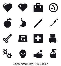 16 vector icon set : heart, first aid, toaster, strawberry, hand drop, liquid soap
