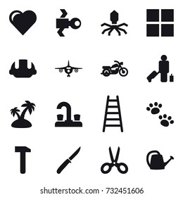 16 vector icon set : heart, satellite, virus, window, building helmet, plane, motorcycle, passenger, island, water tap, stairs, pets, knife, scissors, watering can