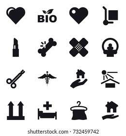 16 vector icon set : heart, bio, cargo stoller, lipstick, real estate, hospital, hanger, housing