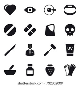 16 vector icon set : heart, eye, cell corection, smart bracelet, uv cream, mortar, pills bottle, strawberry, gloves