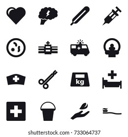 16 vector icon set : heart, brain, hospital, first aid, bucket, hand leaf, tooth brush