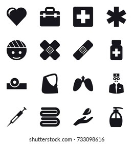16 vector icon set : heart, towel, hand leaf, liquid soap