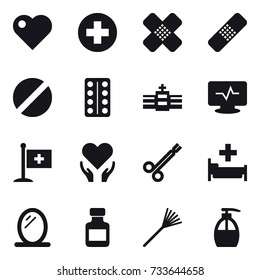 16 vector icon set : heart, hospital, mirror, pills bottle, rake, liquid soap