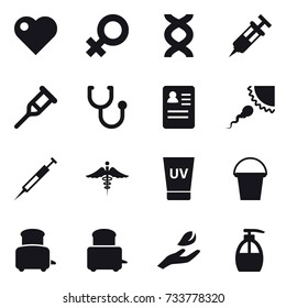 16 vector icon set : heart, uv cream, bucket, toaster, hand leaf, liquid soap