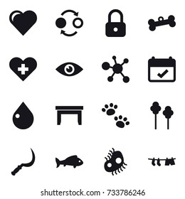 16 vector icon set : heart, quantum bond, lock, bone, drop, table, pets, trees, sickle, fish, microb, drying clothe