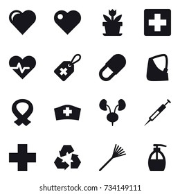 16 vector icon set : heart, flower, recycling, rake, liquid soap