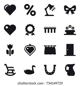 16 vector icon set : heart, percent, table lamp, bow, medal, bridge, flower bed, heart pendant, curtain, door, rocking chair, goose, horseshoe, jug
