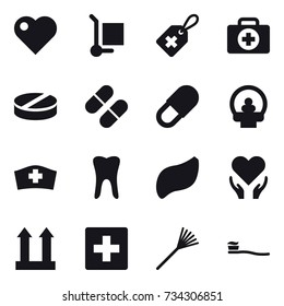 16 vector icon set : heart, cargo stoller, first aid, rake, tooth brush