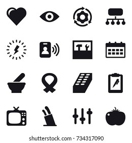 16 vector icon set : heart, eye, around gear, structure, lightning, pass card, tools, calendar, brick, tv, stands for knives