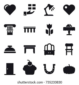 16 vector icon set : heart, gift, table lamp, column, bridge, restaurant, service bell, table, dresser, chair, door, horseshoe, pumpkin