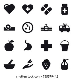 16 vector icon set : heart, bucket, mortar, hand leaf, strawberry, liquid soap