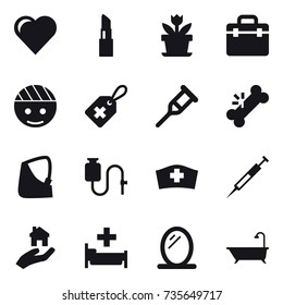 16 vector icon set : heart, lipstick, flower, real estate, hospital, mirror, bath