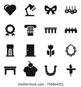 16 vector icon set : heart, table lamp, bow, sale, medal, column, bridge, building, door, hawaiian wreath, table, horseshoe, scarecrow