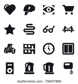 16 vector icon set : heart, brain, eye identity, cart, star, bridge, modern architecture, modular house, watch, power switch, speaker, kettle