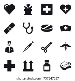 16 vector icon set : heart, flower, pills bottle, sponge with foam