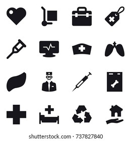 16 vector icon set : heart, cargo stoller, hospital, recycling, housing