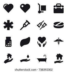 16 vector icon set : heart, cargo stoller, real estate, hand and drop, bath, housing