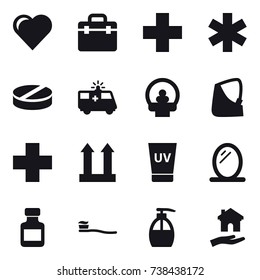 16 vector icon set : heart, uv cream, mirror, pills bottle, tooth brush, liquid soap, housing