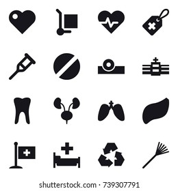 16 vector icon set : heart, cargo stoller, hospital, recycling, rake